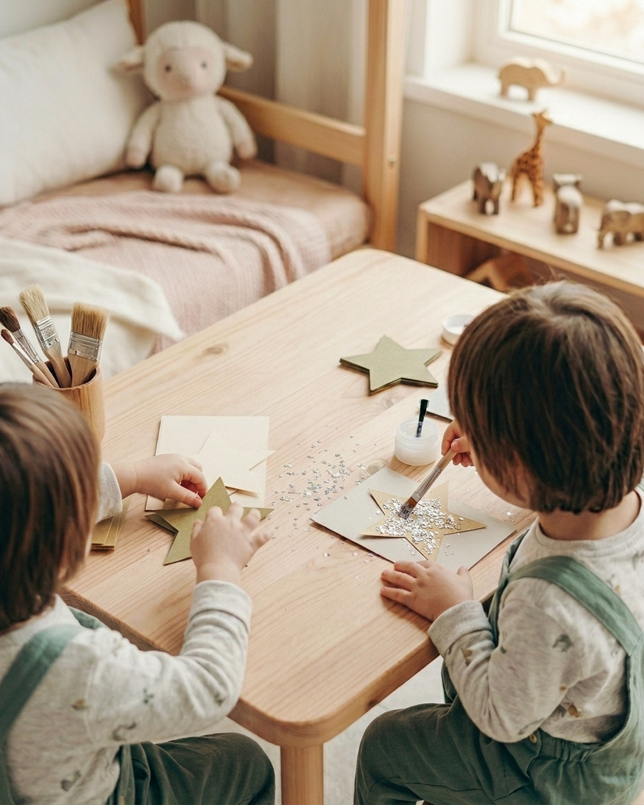 Kid-friendly biodegradable glitter craft setup with cards paper stars glue brushes and Moon Shatter glitter jars
