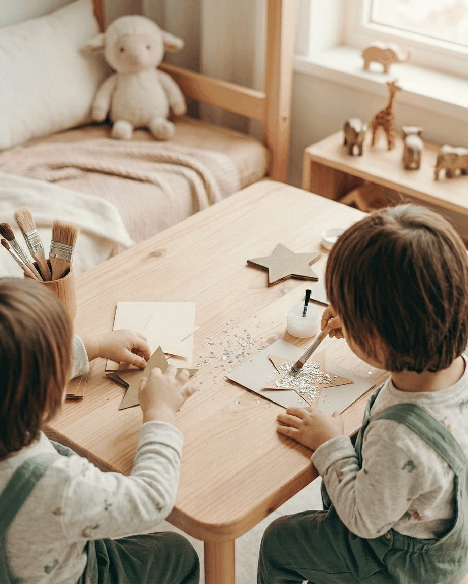 Kid-friendly biodegradable glitter craft setup with cards paper stars glue brushes and Moon Shatter glitter jars