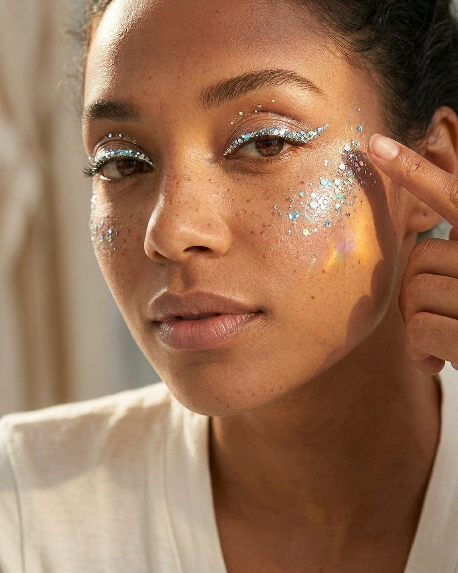 Close-up of biodegradable glitter makeup applied neatly on eyelids cheekbones and lips with clean polished finish