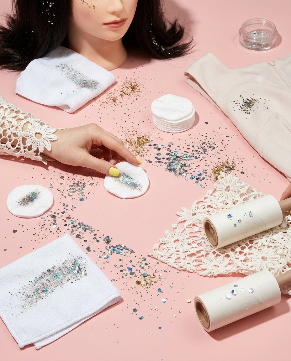 Need to remove glitter from skin, hair, clothes, carpet, or hard surfaces? Here is the cleanest way to deal with biodegradable glitter without spreading it everywhere.